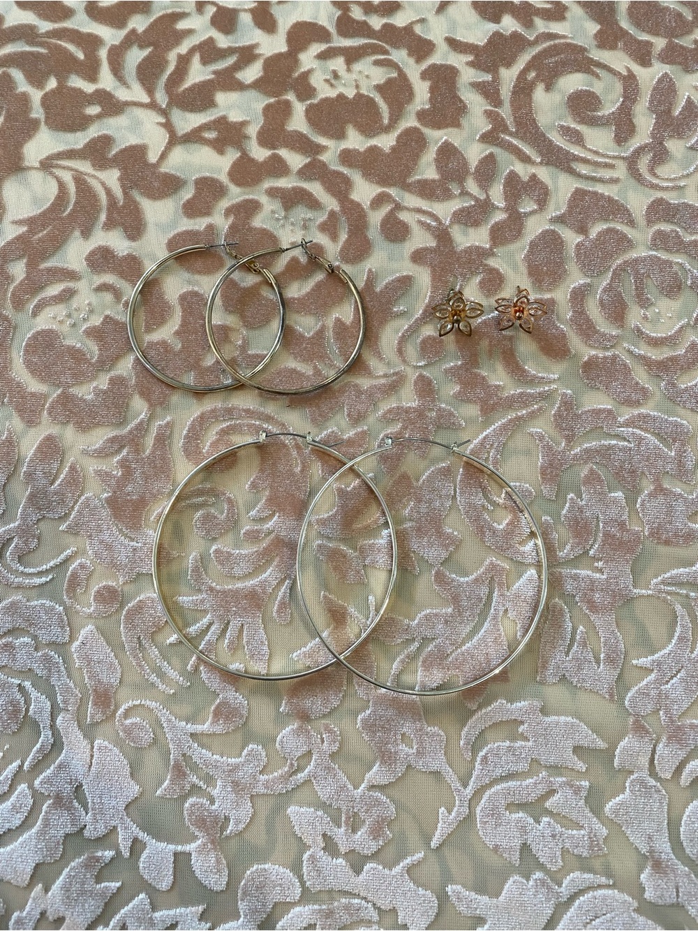 Urban Outfitters Earring Trio - 2 Gold Hoops & Rose Gold Floral Stud Earrings